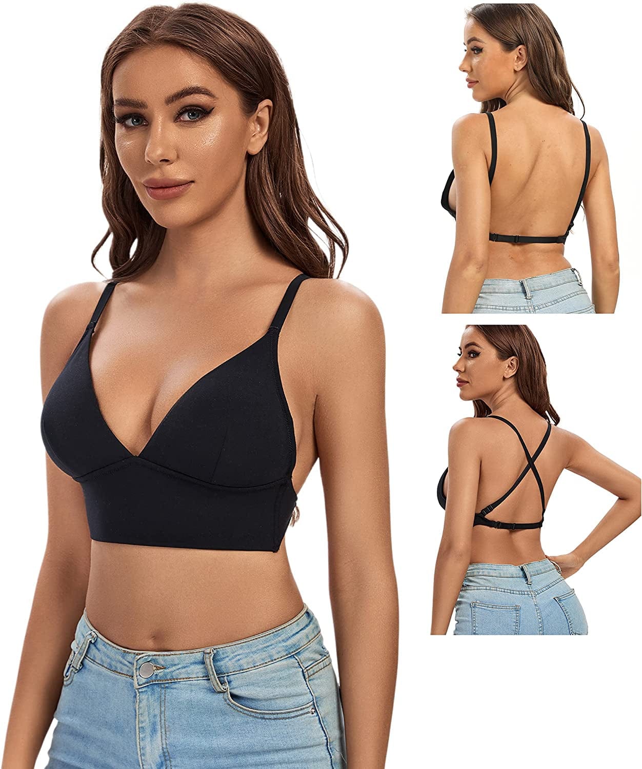 Low Back Bra for Women Wireless Padded Backless Bralette Deep V Convertible Adjustable Straps Bra Black / Large
