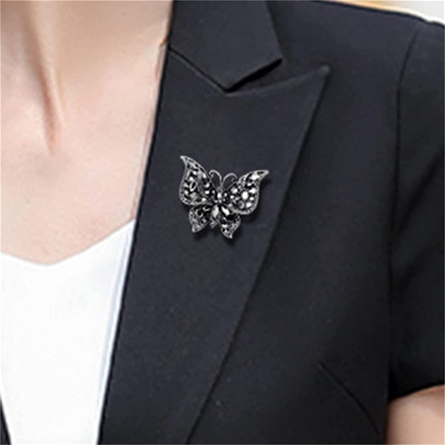 Lquuo Hollow Butterfly Brooch Pins Faux Rhinestone Crystal Butterfly Lapel Pin Filigree Butterfly Cute Animal Corsage Pin for Women,Black, 5.8*4.7Cm