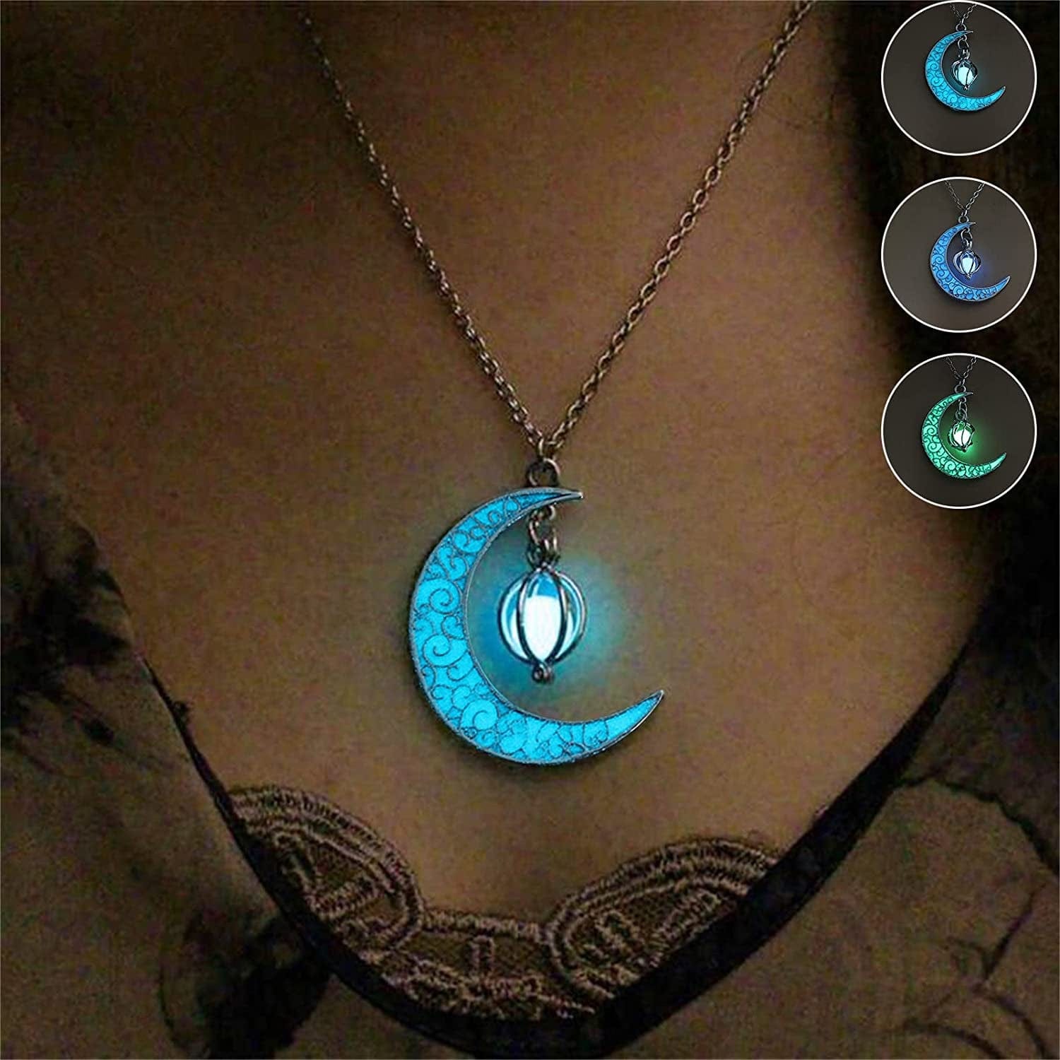 Luminous Moon Necklace Stone Pendant Necklace Fluorescent Necklace Glow in the Dark Accessories for Women Teens Girls A / Adjustable