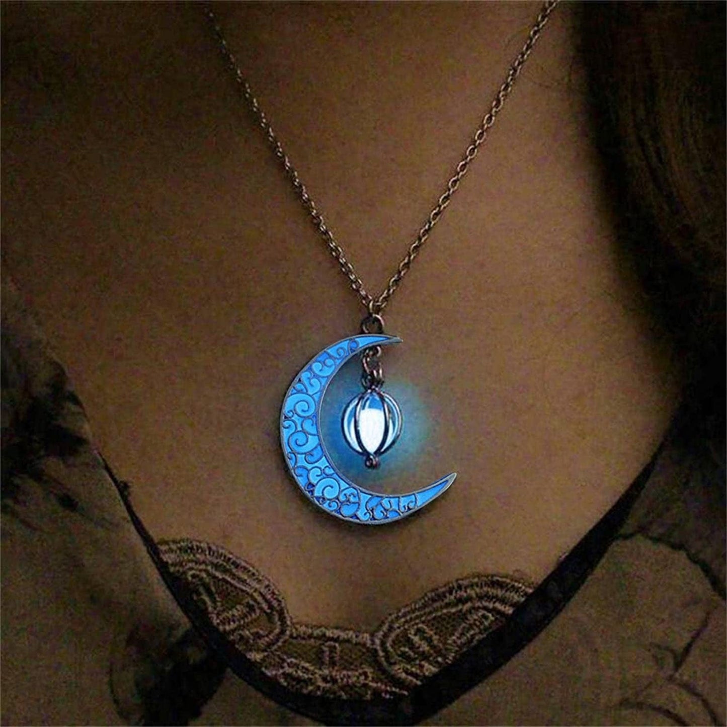 Luminous Moon Necklace Stone Pendant Necklace Fluorescent Necklace Glow in the Dark Accessories for Women Teens Girls B / Adjustable