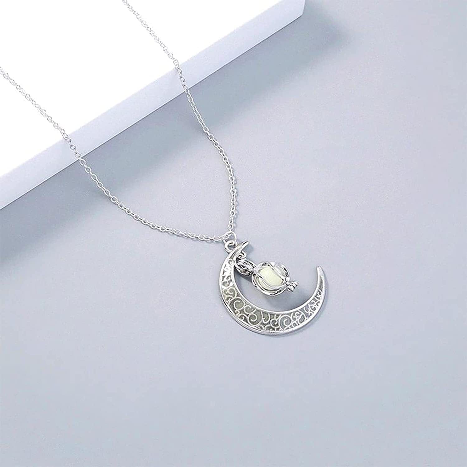 Luminous Moon Necklace Stone Pendant Necklace Fluorescent Necklace Glow in the Dark Accessories for Women Teens Girls