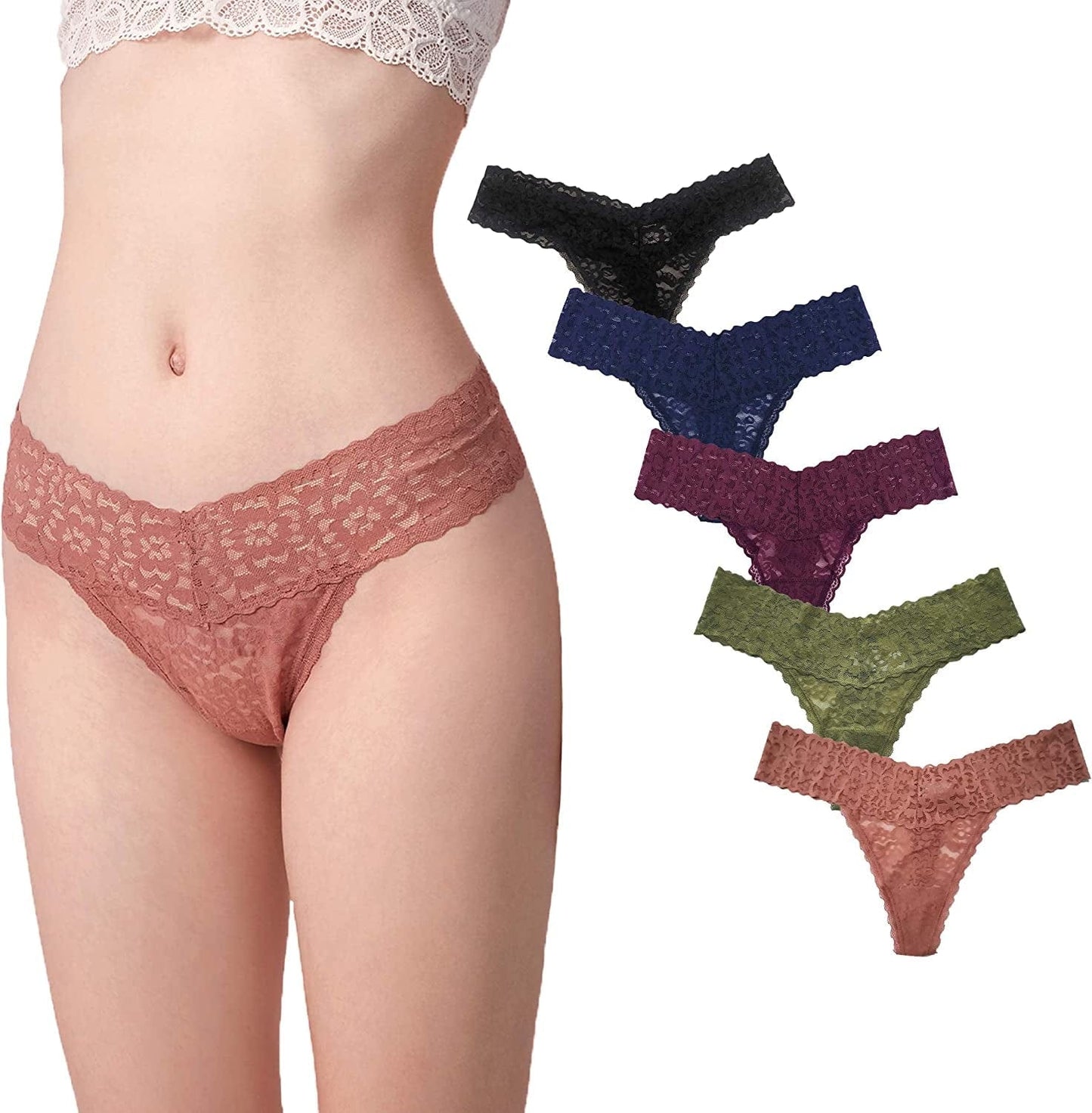 Luna & Sun Women Lace Underwear Soft Sexy Thongs Avocado, Wood, Burgundy, Navy, Black (5pcs) / Medium