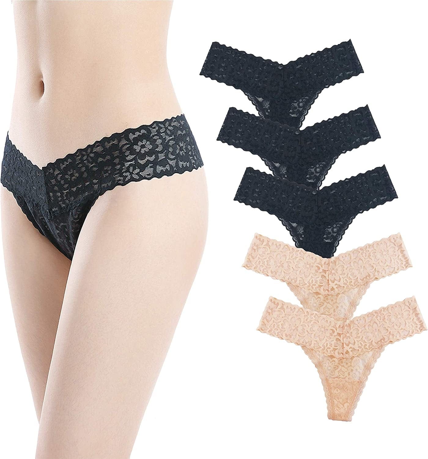 Luna & Sun Women Lace Underwear Soft Sexy Thongs Black, Black, Black, Sand, Sand (5pcs) / Large