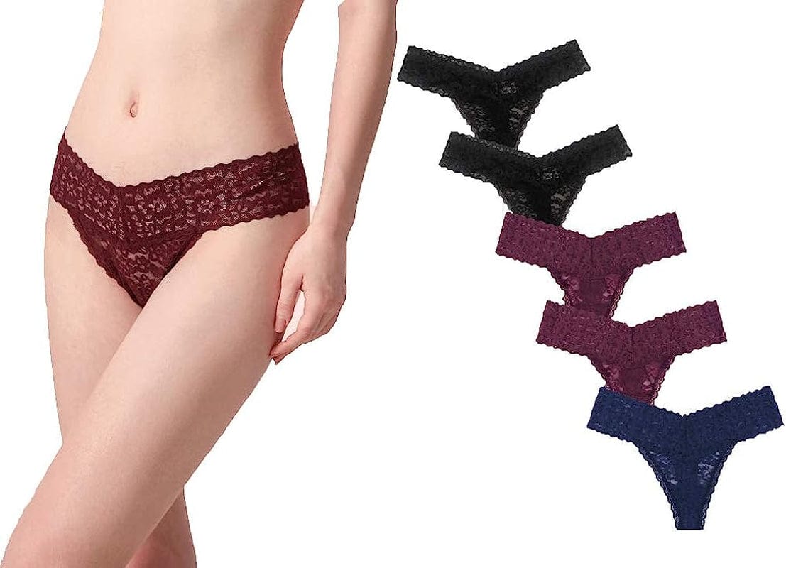 Luna & Sun Women Lace Underwear Soft Sexy Thongs Burgundy, Burgundy, Black, Black, Navy (5pcs) / Large