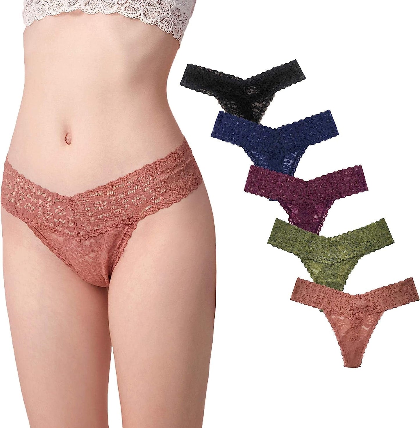 Luna & Sun Women Lace Underwear Soft Sexy Thongs Avocado, Wood, Burgundy, Navy, Black (5pcs) / Large