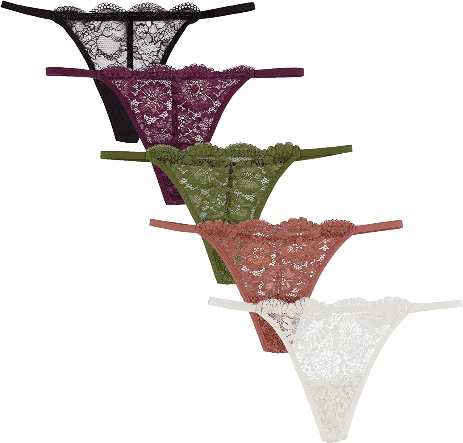 Luna & Sun Women Sexy Cheeky Lace G-Strings Thongs T Back Panties Underwear Burgundy, Avocado, Wood, Black, Ivory (5pcs) / Large
