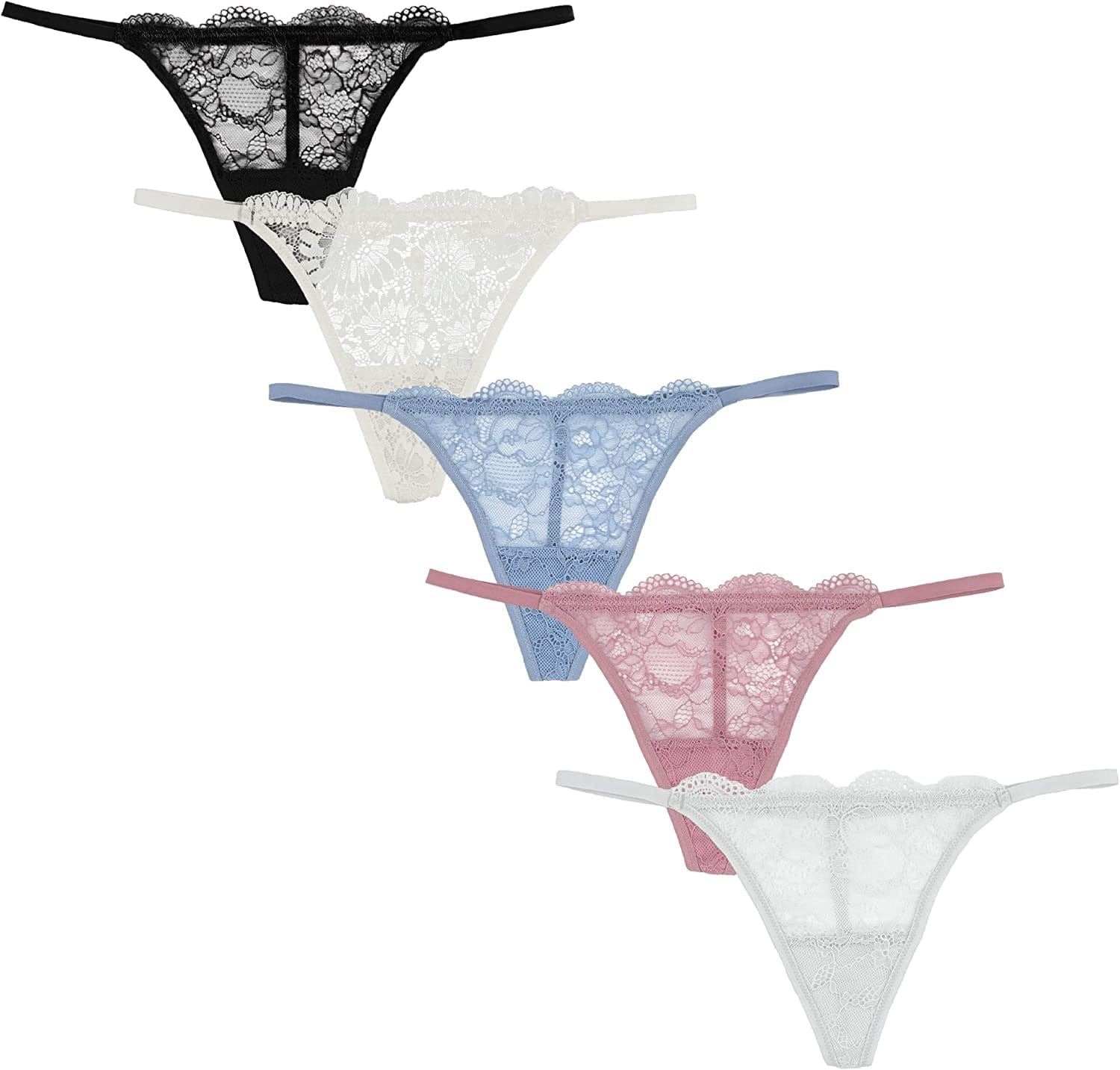 Luna & Sun Women Sexy Cheeky Lace G-Strings Thongs T Back Panties Underwear Black, Ivory, Light Grey, Pale Blue, Lilac (5pcs) / Medium