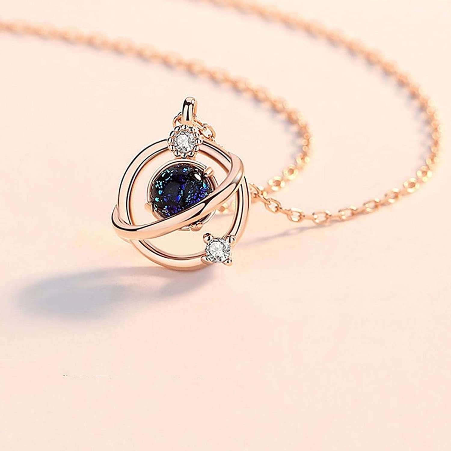 Luxurious Planet Collarbone Necklace Ladies Personalized Diamond Dark Moon Pendants Necklace Sparkly Pendant Jewelry, Silver Rose Gold / 1PC Girls Necklace