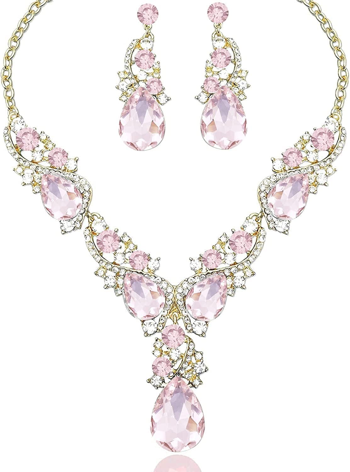 Luxury Austrian Crystal Necklace Earrings Rhinestone Bridal Wedding Party Costume Jewelry Sets for Brides Bridesmaids Women pink