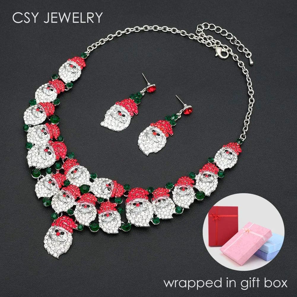 Luxury Statement Bib Necklace Earrings Santa Claus Christmas Element Party Costume Jewelry Set Xmas Gift for Women Girls STYLE 1