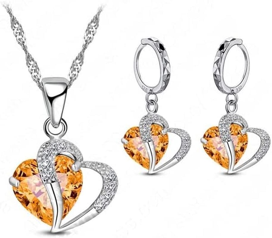 Luxury Women 925 Sterling Silver Cubic Zircon Necklace Pendant Earrings Sets Cartilage Piercing Jewelry Wedding Heart Design, Black Champagne