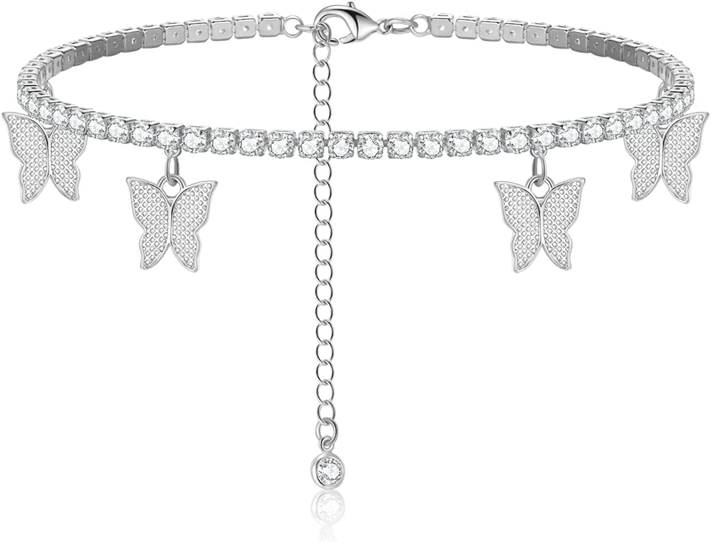 Luxval Ankle Bracelets for Women, Tennis Chain Butterfly Anklets for Women 14K Gold Bead Link Foot Jewelry CZ Stones Anklet Bracelets for BFF Gift Apparel & Accessories > Jewelry > Anklets Luxval 1Pcs-Silver CZ Butterfly