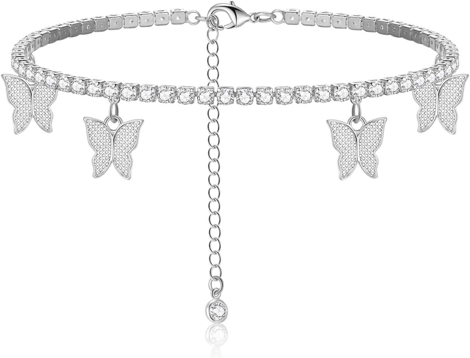 Luxval Ankle Bracelets for Women, Tennis Chain Butterfly Anklets for Women 14K Gold Bead Link Foot Jewelry CZ Stones Anklet Bracelets for BFF Gift Apparel & Accessories > Jewelry > Anklets Luxval 1Pcs-Silver CZ Butterfly
