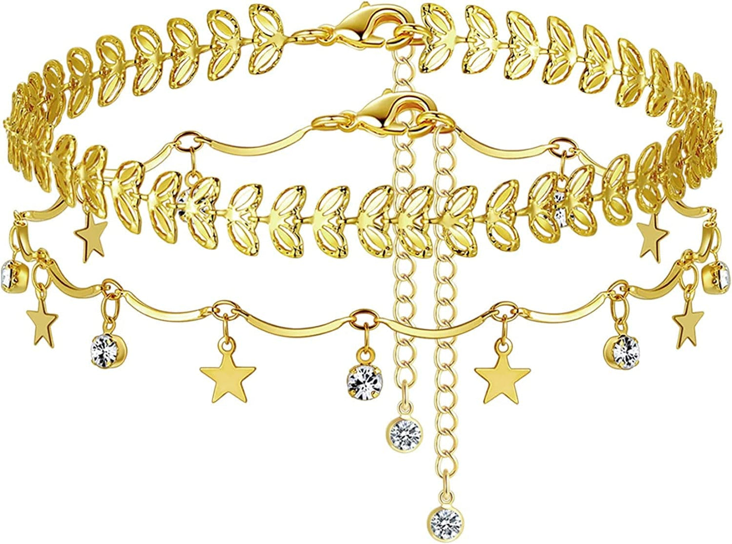 Luxval Ankle Bracelets for Women, Tennis Chain Butterfly Anklets for Women 14K Gold Bead Link Foot Jewelry CZ Stones Anklet Bracelets for BFF Gift Apparel & Accessories > Jewelry > Anklets Luxval 2Pcs-Gold Leaves-Star