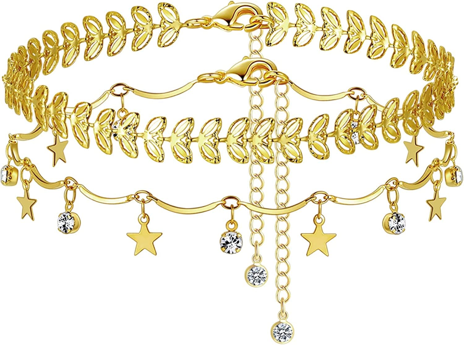 Luxval Ankle Bracelets for Women, Tennis Chain Butterfly Anklets for Women 14K Gold Bead Link Foot Jewelry CZ Stones Anklet Bracelets for BFF Gift Apparel & Accessories > Jewelry > Anklets Luxval 2Pcs-Gold Leaves-Star