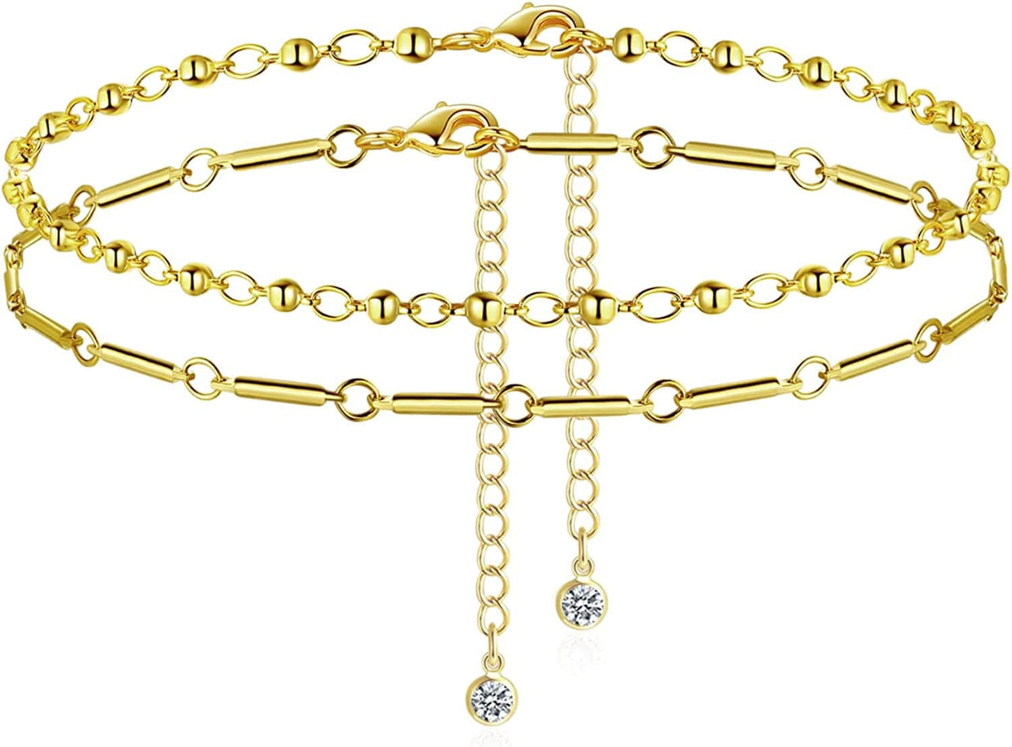 Luxval Ankle Bracelets for Women, Tennis Chain Butterfly Anklets for Women 14K Gold Bead Link Foot Jewelry CZ Stones Anklet Bracelets for BFF Gift Apparel & Accessories > Jewelry > Anklets Luxval 2Pcs-Bead-Bar