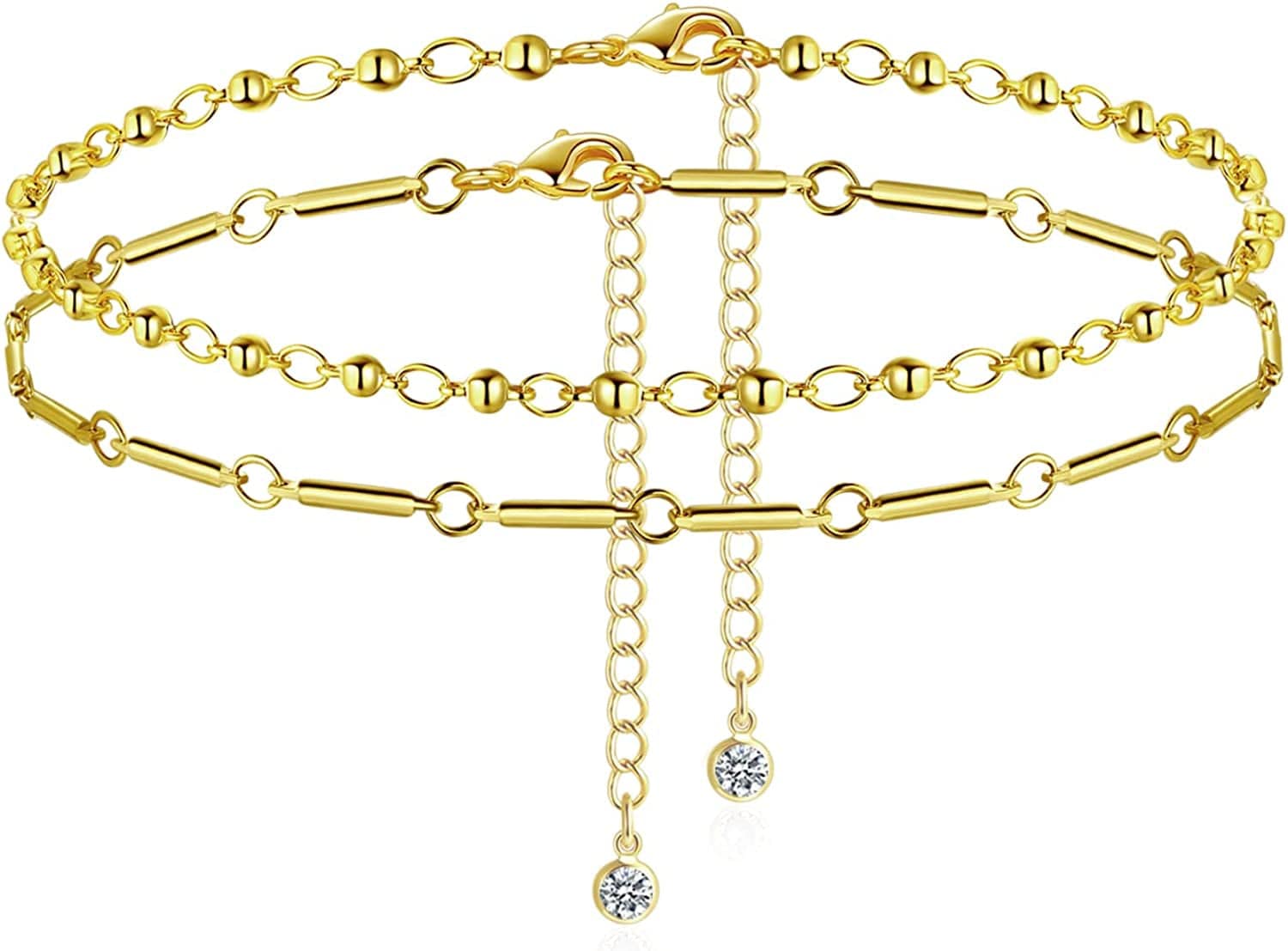 Luxval Ankle Bracelets for Women, Tennis Chain Butterfly Anklets for Women 14K Gold Bead Link Foot Jewelry CZ Stones Anklet Bracelets for BFF Gift Apparel & Accessories > Jewelry > Anklets Luxval 2Pcs-Bead-Bar