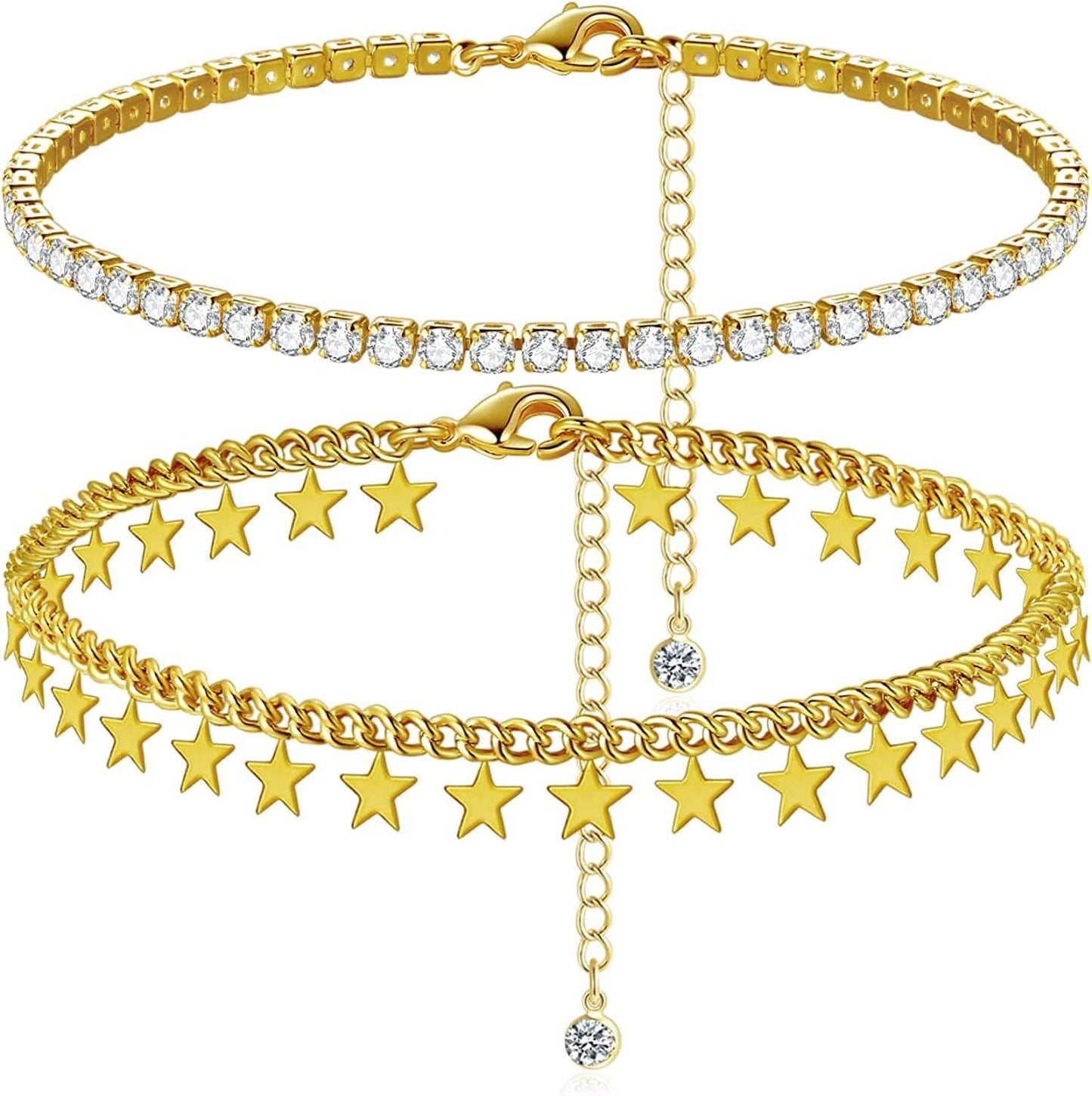 Luxval Ankle Bracelets for Women, Tennis Chain Butterfly Anklets for Women 14K Gold Bead Link Foot Jewelry CZ Stones Anklet Bracelets for BFF Gift Apparel & Accessories > Jewelry > Anklets Luxval 2Pcs-CZ-Star