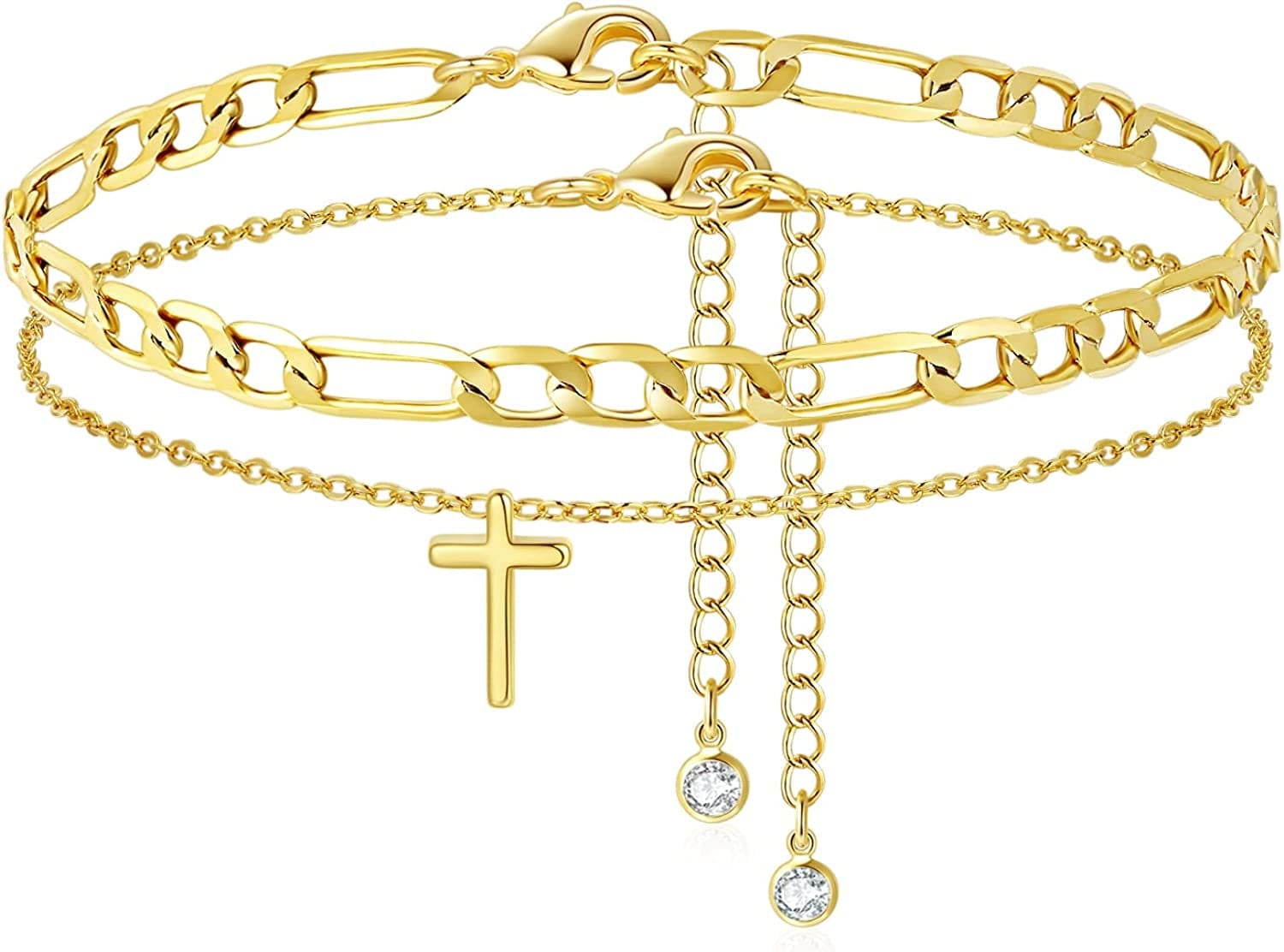Luxval Ankle Bracelets for Women, Tennis Chain Butterfly Anklets for Women 14K Gold Bead Link Foot Jewelry CZ Stones Anklet Bracelets for BFF Gift Apparel & Accessories > Jewelry > Anklets Luxval 2Pcs-Gold Cross-Figaro