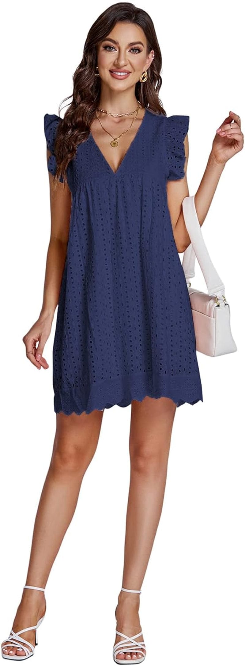 LYANER Women'S Elegant Eyelet V Neck Ruffle Cap Sleeve Tank Babydoll a Line Mini Dresses Royal Blue Large