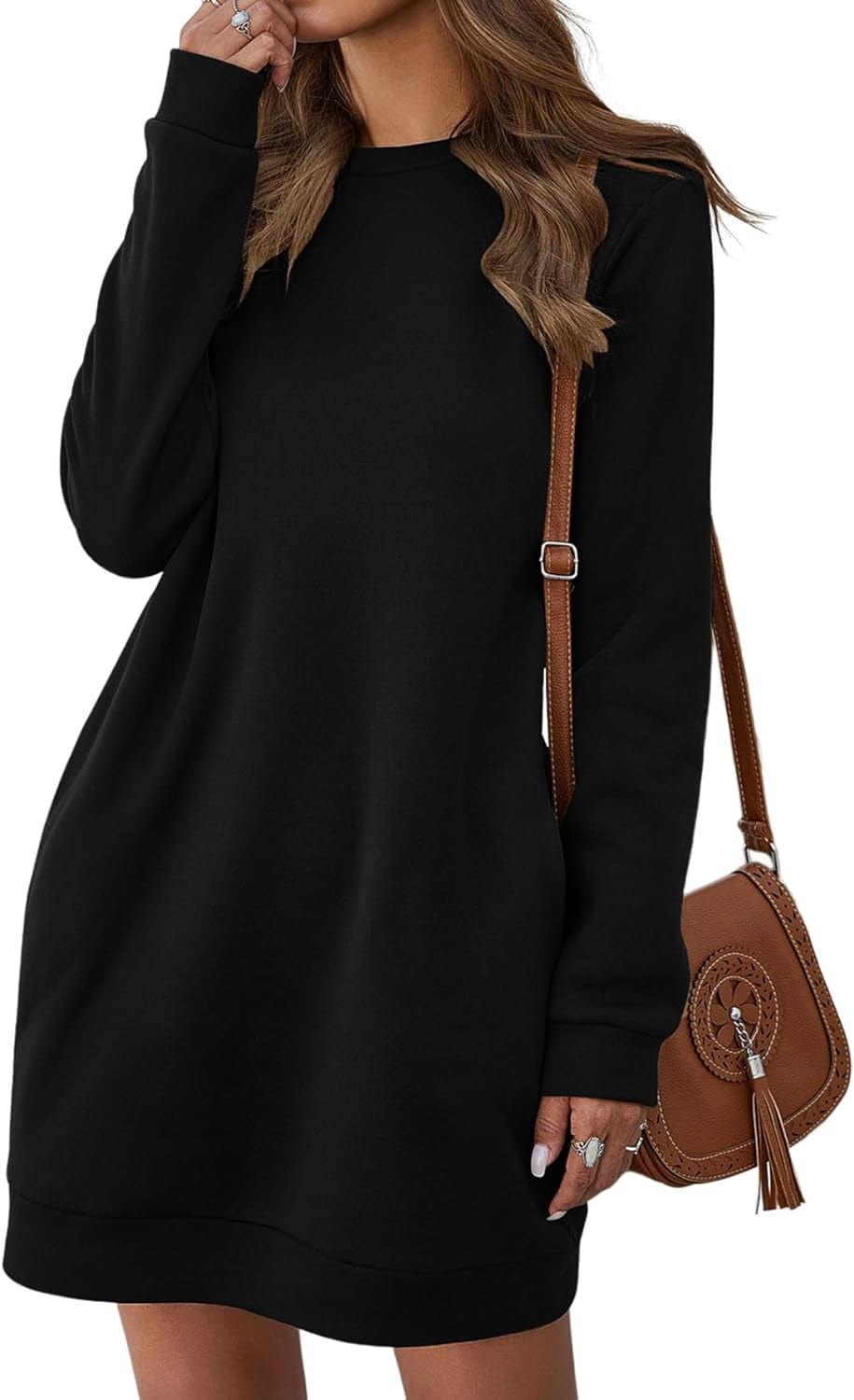 LYANER Women'S Sweatshirt Dress Crewneck Long Sleeve Loose Fit Mini Sweat Shirt Dress with Pockets Solid Black / Large
