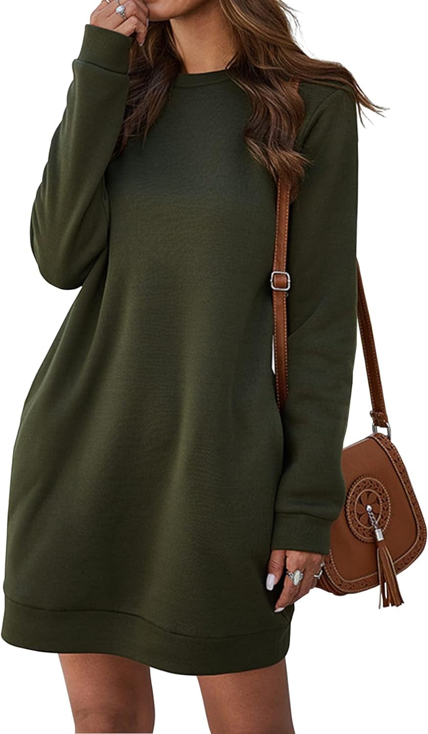 LYANER Women'S Sweatshirt Dress Crewneck Long Sleeve Loose Fit Mini Sweat Shirt Dress with Pockets Army Green / X-Large