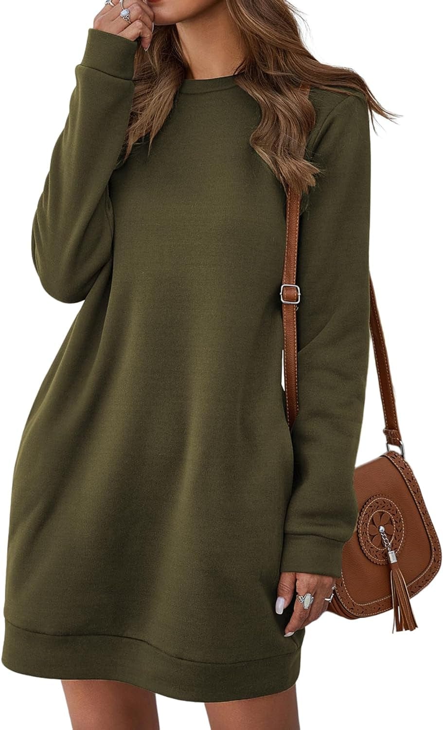 LYANER Women'S Sweatshirt Dress Crewneck Long Sleeve Loose Fit Mini Sweat Shirt Dress with Pockets Solid Army Green / X-Large