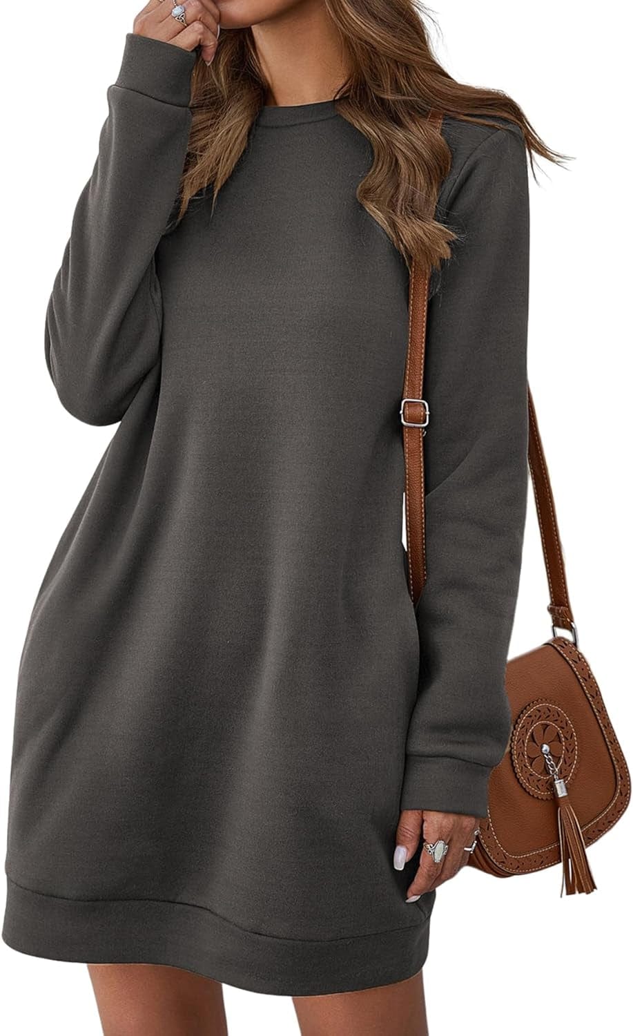 LYANER Women'S Sweatshirt Dress Crewneck Long Sleeve Loose Fit Mini Sweat Shirt Dress with Pockets Dark Gray / Small