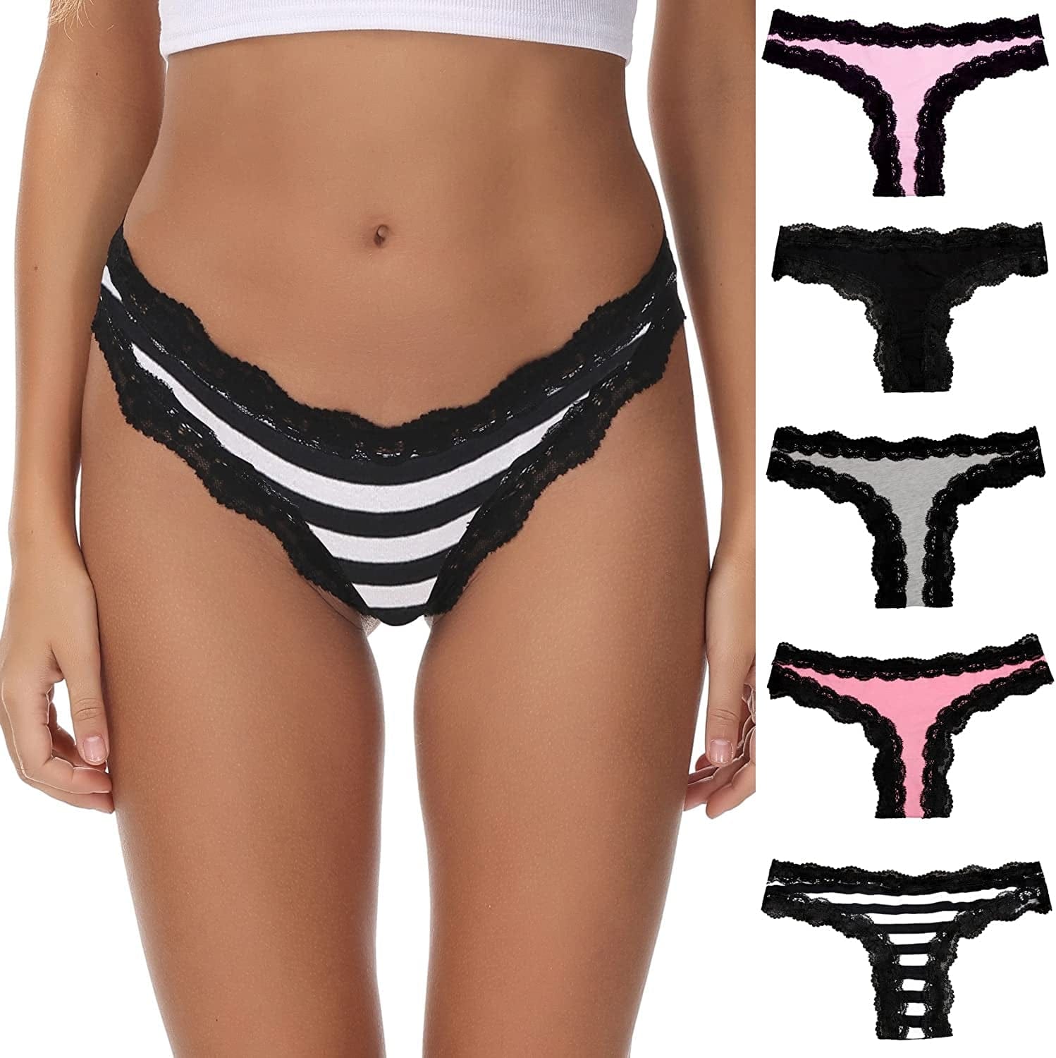 LYYTHAVON 5 Pack Cotton Thongs for Women, T-Back Thongs G-String Panties Multicolored D,5 Pack / XX-Large