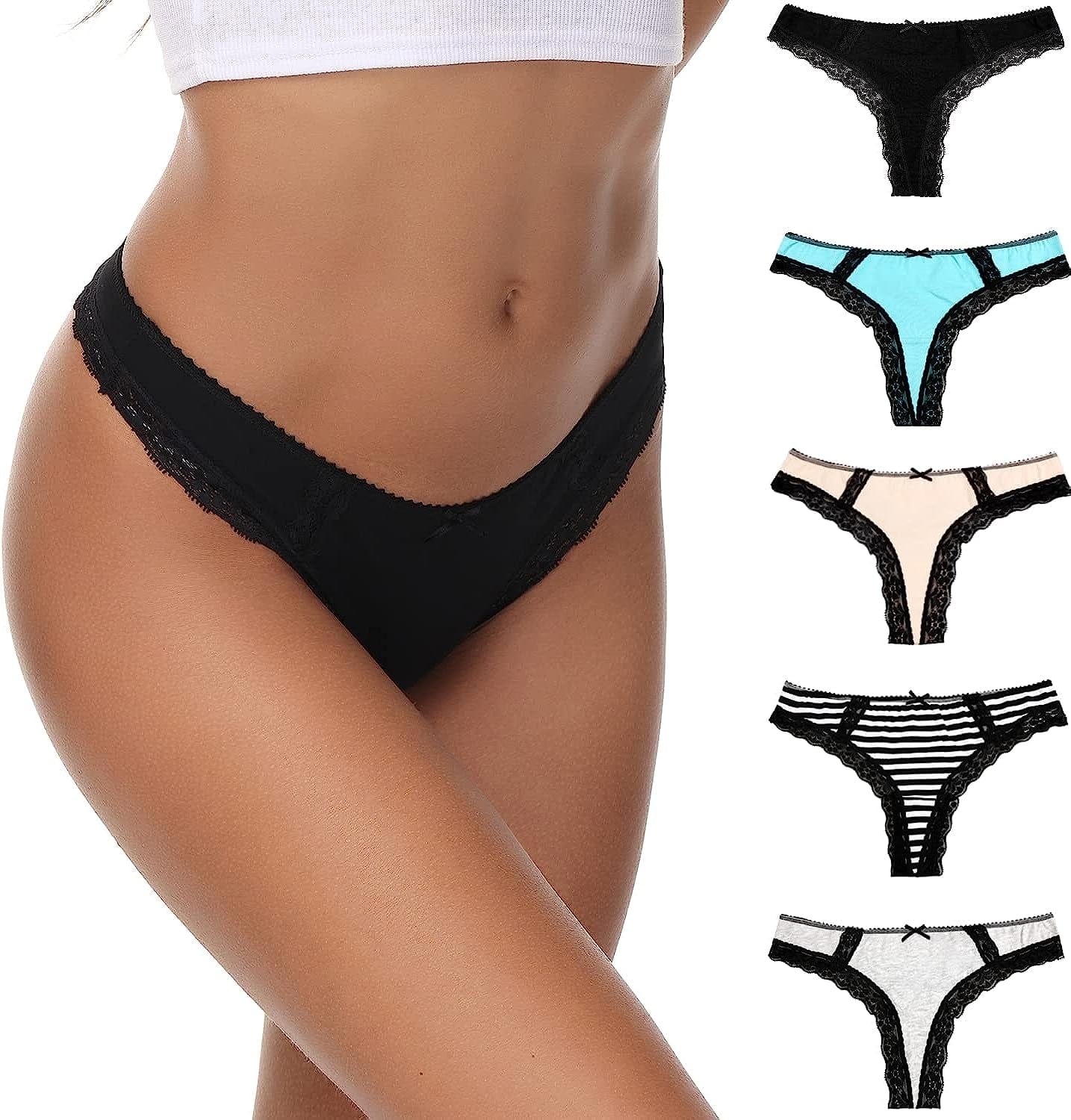 LYYTHAVON 5 Pack Cotton Thongs for Women, T-Back Thongs G-String Panties Cotton Thongs D,5 Pack / X-Large