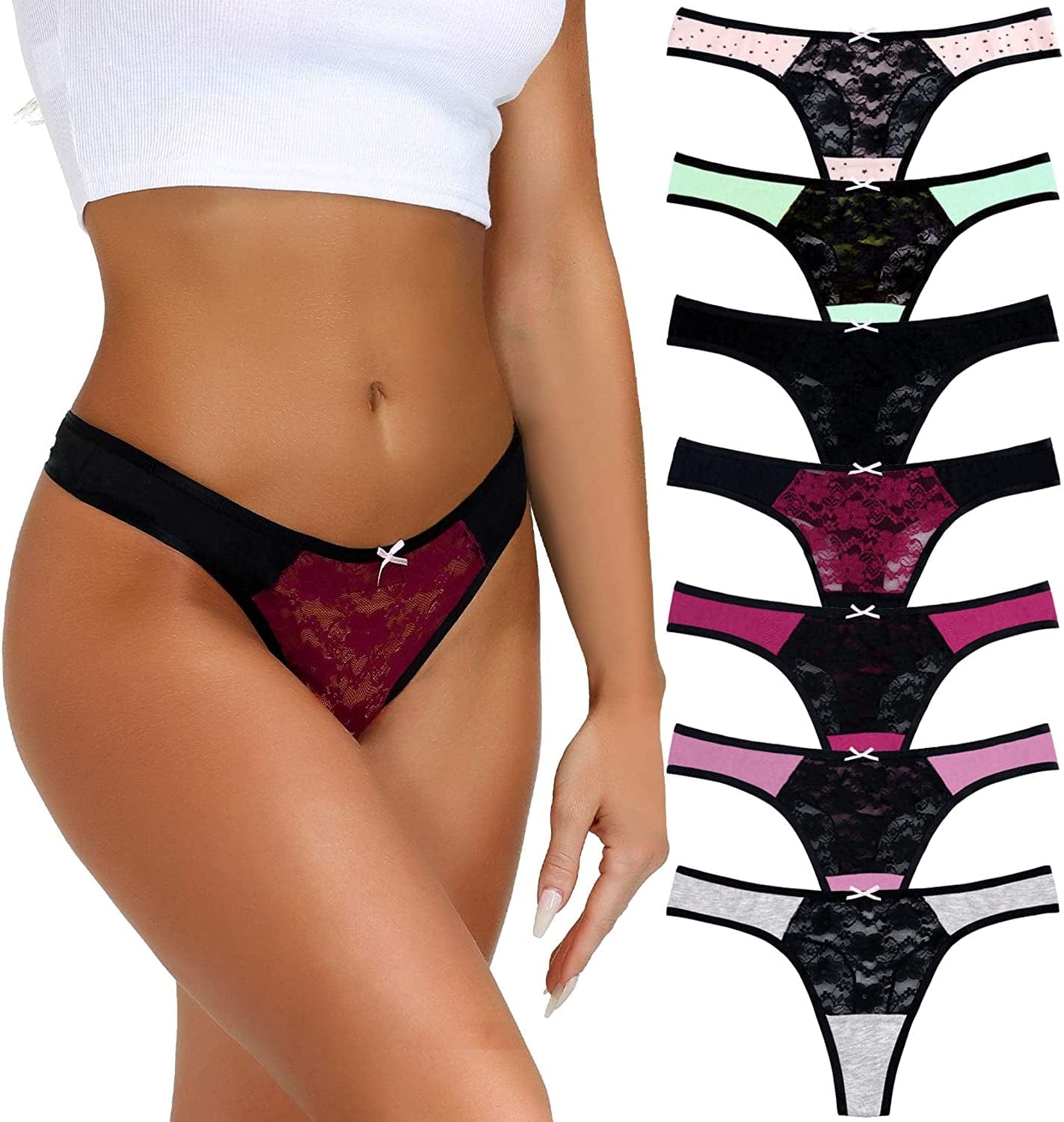 LYYTHAVON 5 Pack Cotton Thongs for Women, T-Back Thongs G-String Panties Multicolored A,7 Pack / Small