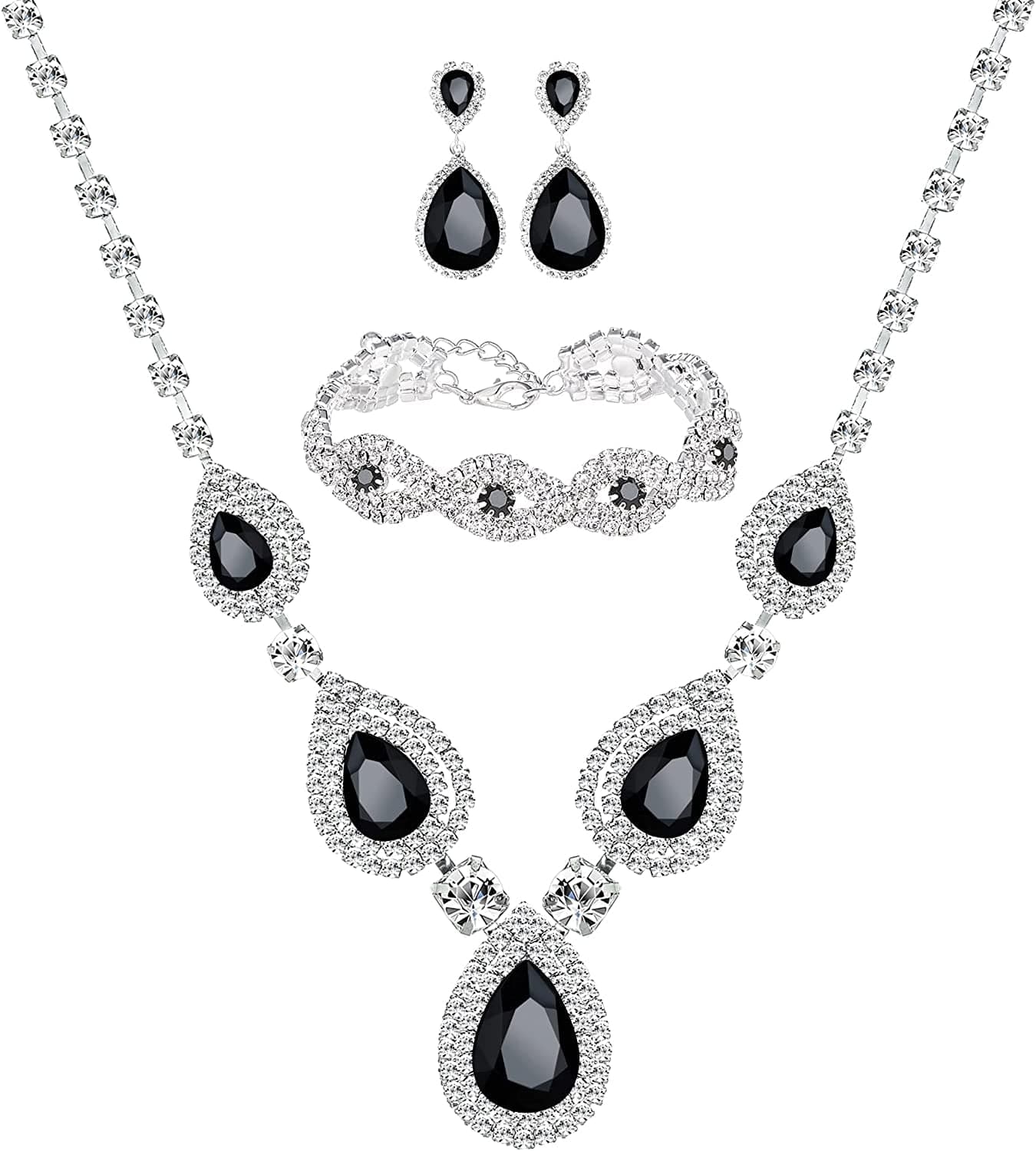 M MIRACULOUS GARDEN 3/4 Pieces Women Jewelry Set Rhinestone Tiara Crown Necklace Bangle Bracelet Crystal Teardrop Dangle Earrings and Rhinestone Handbag for Wedding Party Silver Plated Black Crystal Necklace Bracelet Earrings