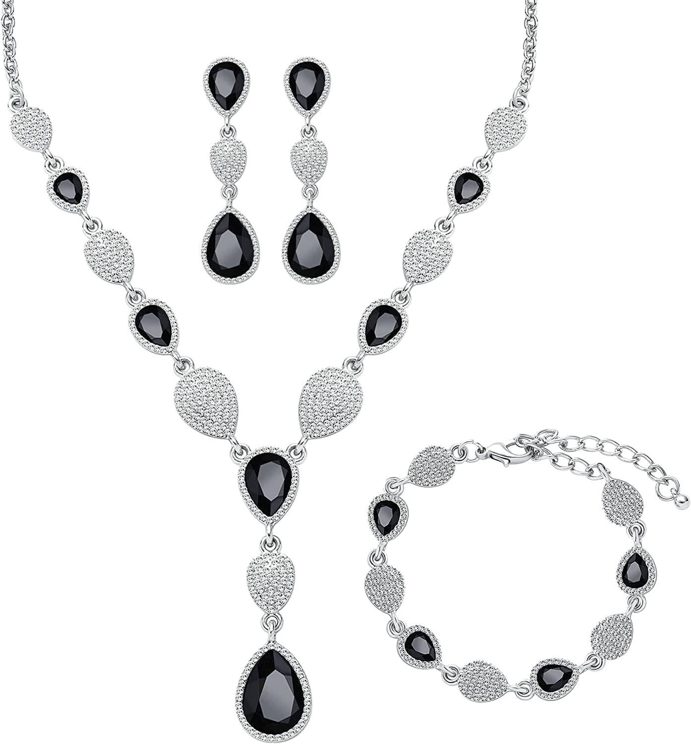 M MIRACULOUS GARDEN 3/4 Pieces Women Jewelry Set Rhinestone Tiara Crown Necklace Bangle Bracelet Crystal Teardrop Dangle Earrings and Rhinestone Handbag for Wedding Party A-Silver Plated White Rhinestone Black Crystal Necklace Bracelet Earrings
