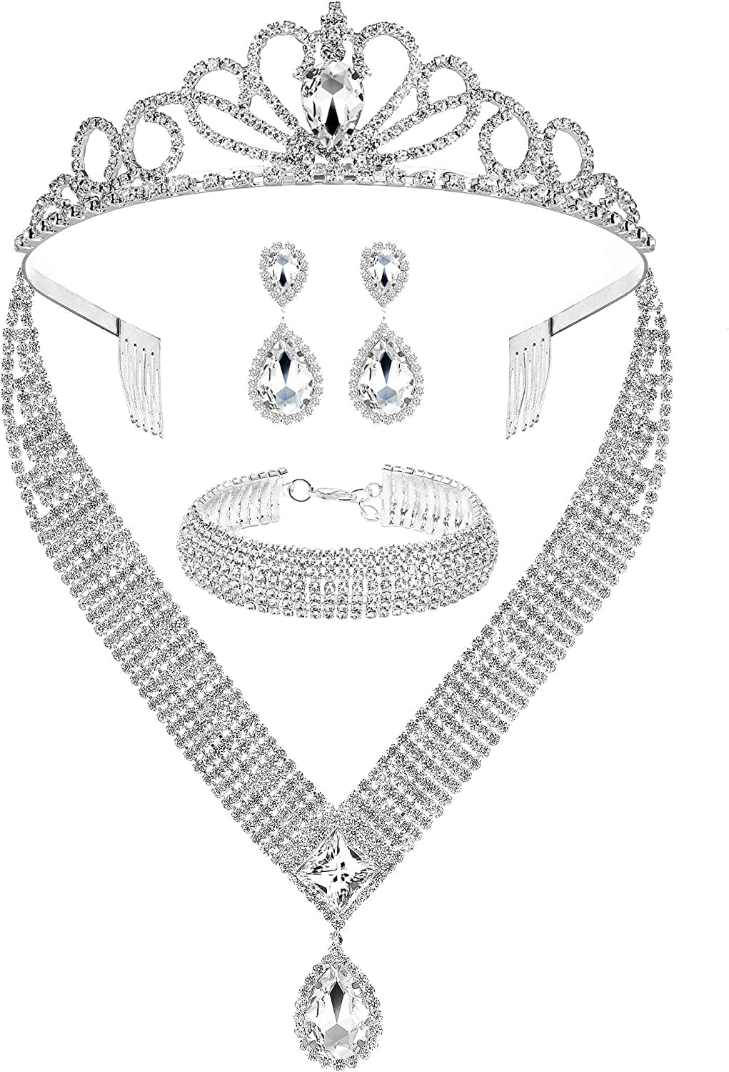 M MIRACULOUS GARDEN 3/4 Pieces Women Jewelry Set Rhinestone Tiara Crown Necklace Bangle Bracelet Crystal Teardrop Dangle Earrings and Rhinestone Handbag for Wedding Party Silver Plated Rhinestone Crystal Tiara Crown Necklace Bracelet Earrings