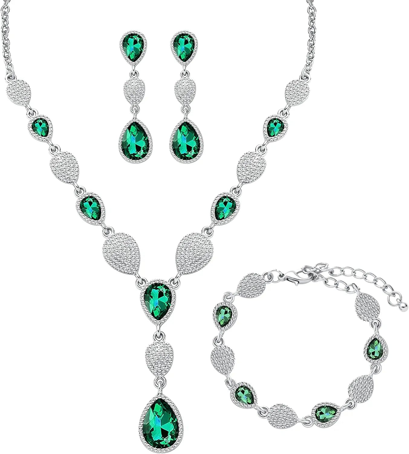 M MIRACULOUS GARDEN 3/4 Pieces Women Jewelry Set Rhinestone Tiara Crown Necklace Bangle Bracelet Crystal Teardrop Dangle Earrings and Rhinestone Handbag for Wedding Party A-Silver Plated White Rhinestone Green Crystal Necklace Bracelet Earrings