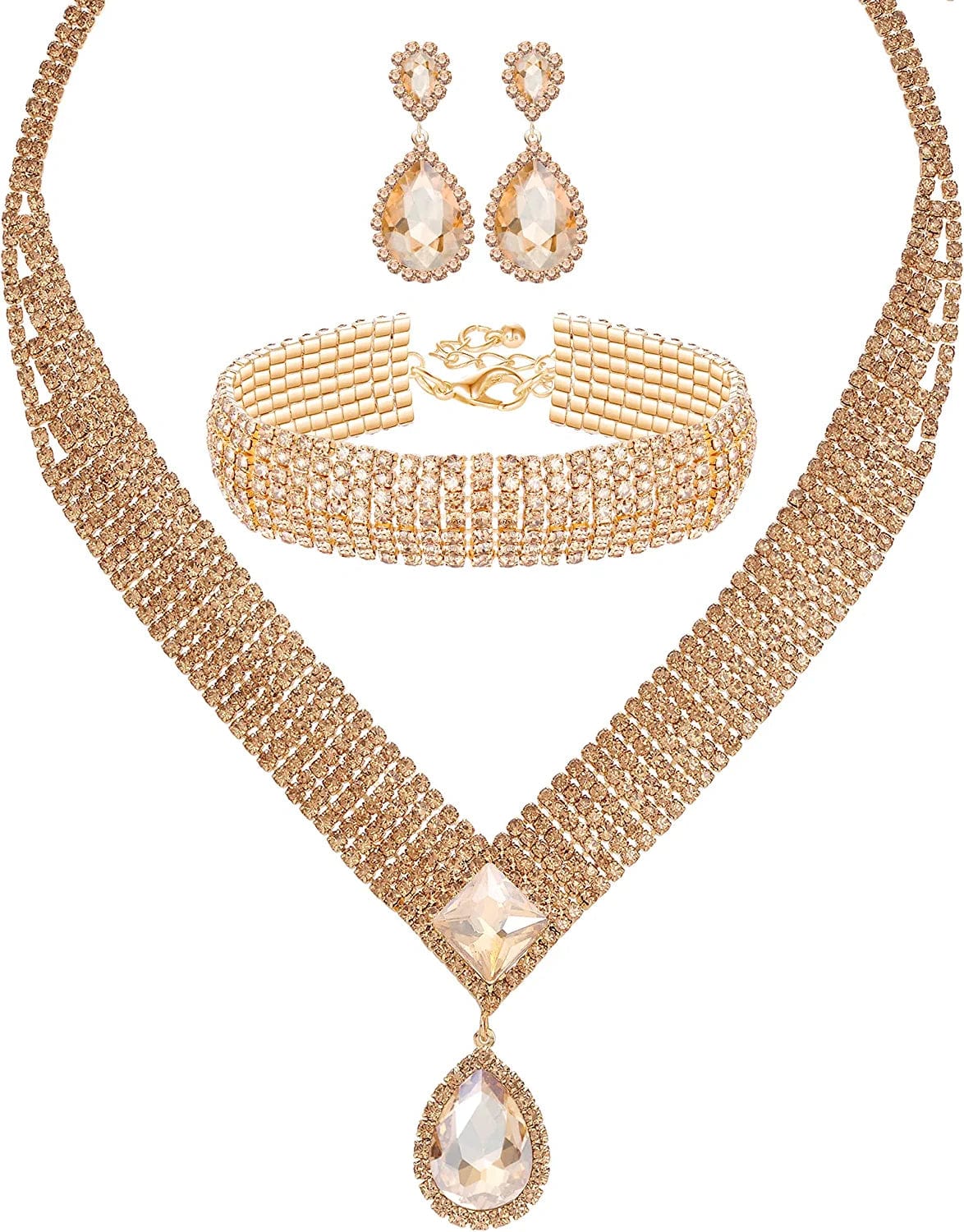 M MIRACULOUS GARDEN 3/4 Pieces Women Jewelry Set Rhinestone Tiara Crown Necklace Bangle Bracelet Crystal Teardrop Dangle Earrings and Rhinestone Handbag for Wedding Party Gold Plated Champagne Crystal Necklace Bracelet Earrings set