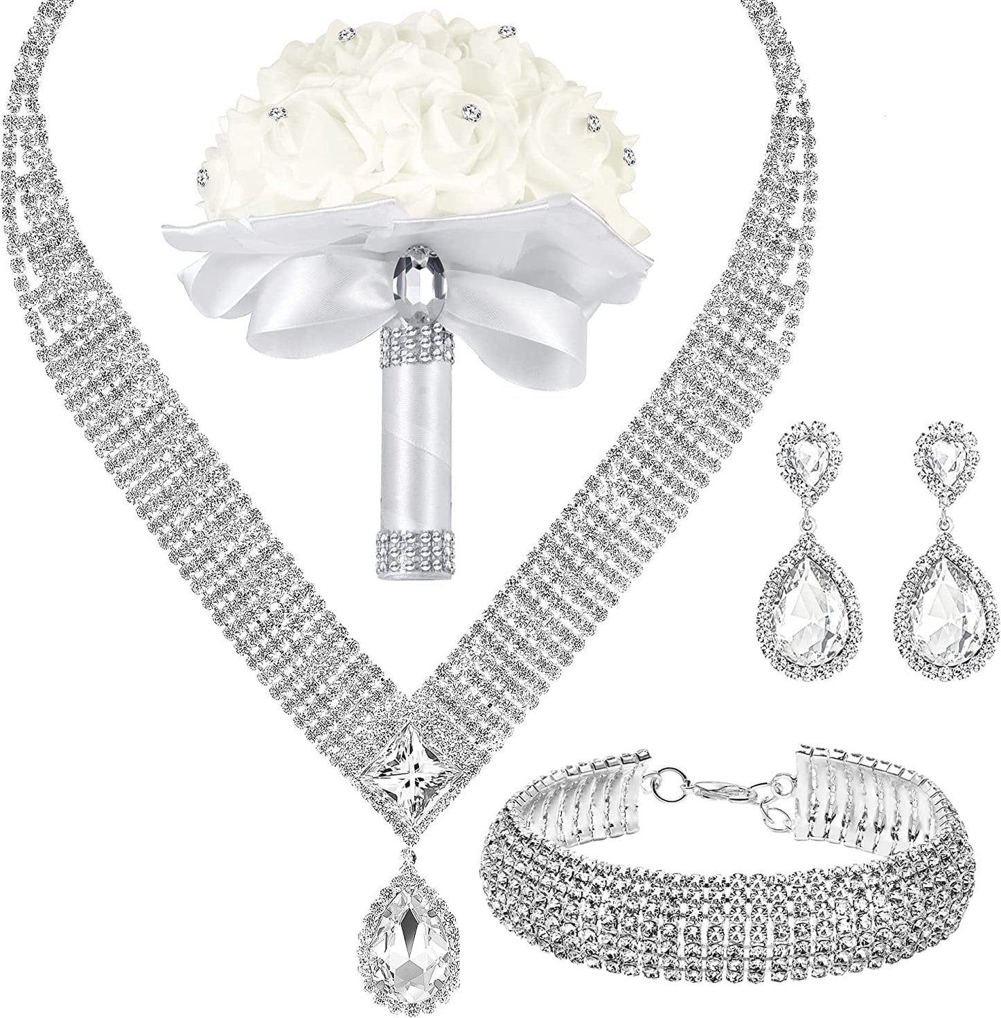 M MIRACULOUS GARDEN 3/4 Pieces Women Jewelry Set Rhinestone Tiara Crown Necklace Bangle Bracelet Crystal Teardrop Dangle Earrings and Rhinestone Handbag for Wedding Party Silver Plated White Rhinestone Crystal Necklace Bracelet Earrings Bouquet