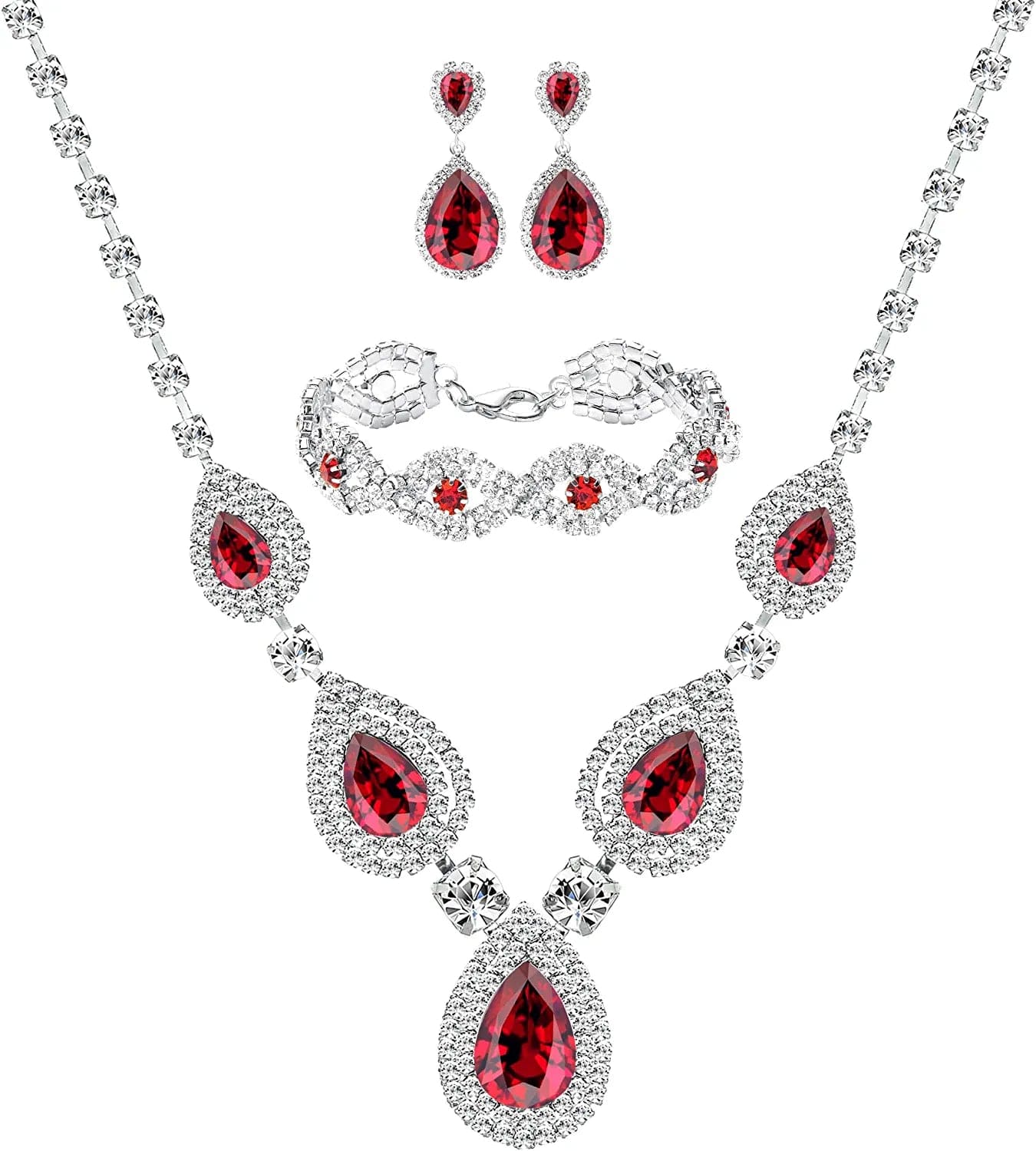 M MIRACULOUS GARDEN 3/4 Pieces Women Jewelry Set Rhinestone Tiara Crown Necklace Bangle Bracelet Crystal Teardrop Dangle Earrings and Rhinestone Handbag for Wedding Party Silver Plated Red Crystal Necklace Bracelet Earrings