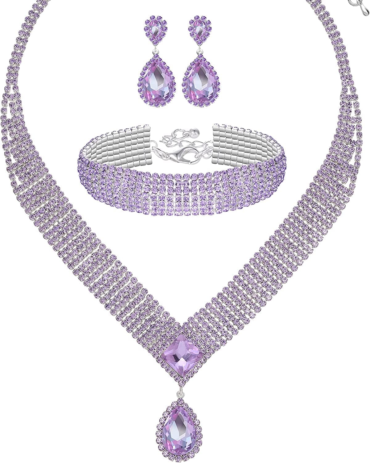 M MIRACULOUS GARDEN 3/4 Pieces Women Jewelry Set Rhinestone Tiara Crown Necklace Bangle Bracelet Crystal Teardrop Dangle Earrings and Rhinestone Handbag for Wedding Party Silver Plated Purple Rhinestone Necklace Bracelet Earrings