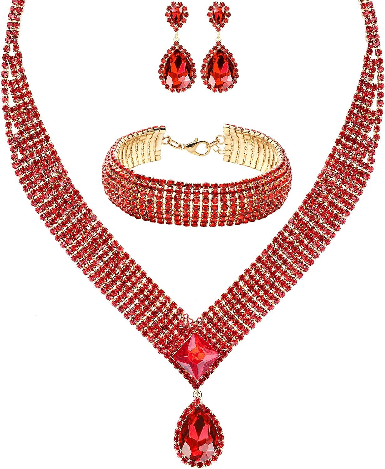 M MIRACULOUS GARDEN 3/4 Pieces Women Jewelry Set Rhinestone Tiara Crown Necklace Bangle Bracelet Crystal Teardrop Dangle Earrings and Rhinestone Handbag for Wedding Party Gold Plated Red Crystal Necklace Bracelet Earrings