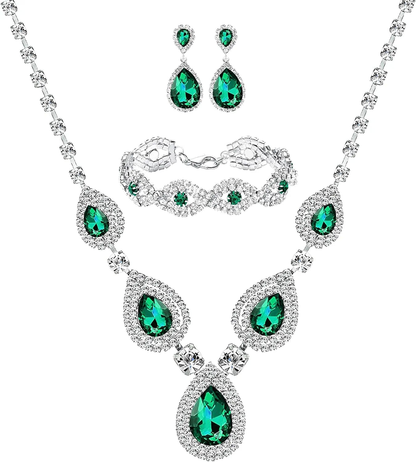 M MIRACULOUS GARDEN 3/4 Pieces Women Jewelry Set Rhinestone Tiara Crown Necklace Bangle Bracelet Crystal Teardrop Dangle Earrings and Rhinestone Handbag for Wedding Party Silver Plated Green Crystal Necklace Bracelet Earrings