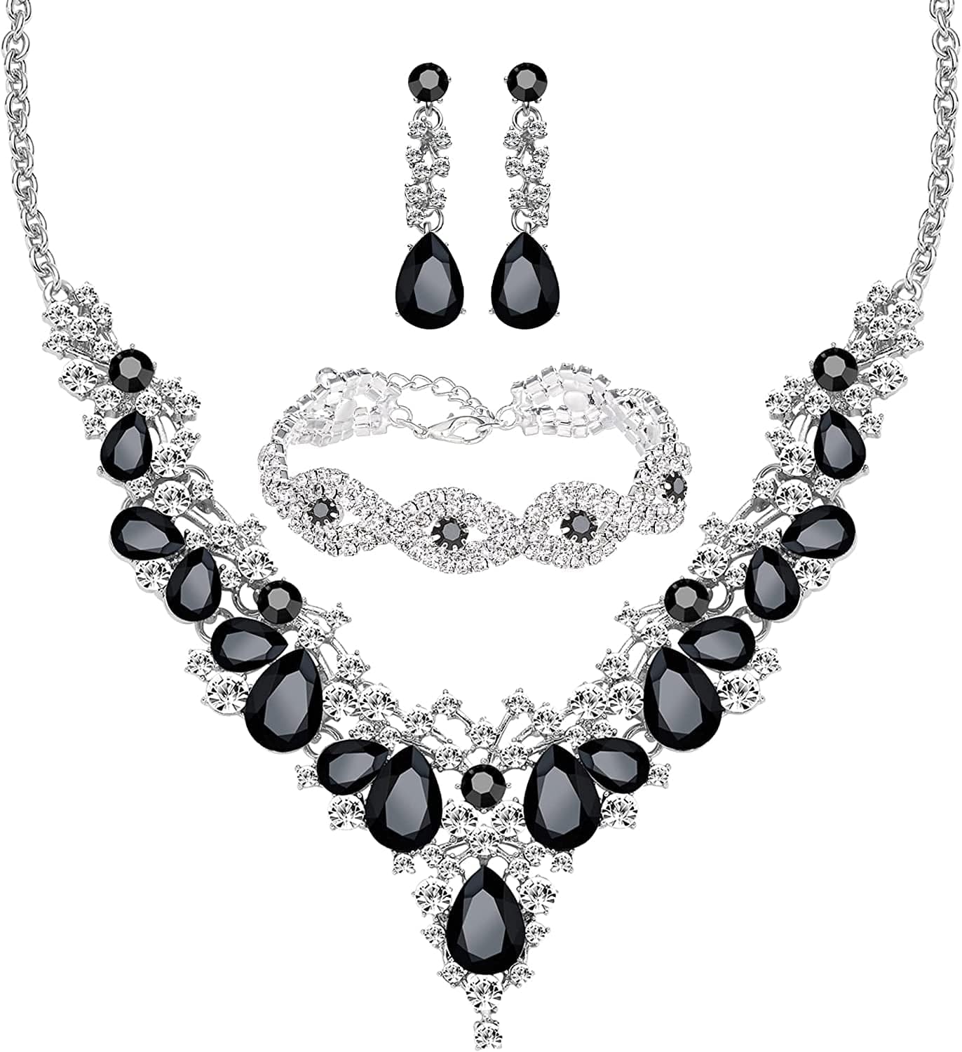 M MIRACULOUS GARDEN 3/4 Pieces Women Jewelry Set Rhinestone Tiara Crown Necklace Bangle Bracelet Crystal Teardrop Dangle Earrings and Rhinestone Handbag for Wedding Party Silver Plated White Rhinestone Black Crystal Necklace Bracelet Earrings