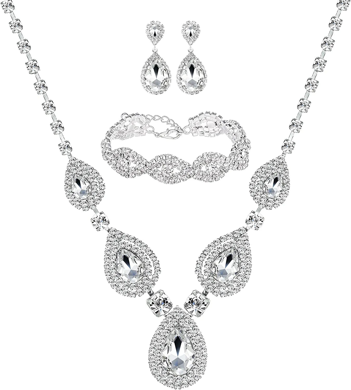M MIRACULOUS GARDEN 3/4 Pieces Women Jewelry Set Rhinestone Tiara Crown Necklace Bangle Bracelet Crystal Teardrop Dangle Earrings and Rhinestone Handbag for Wedding Party White Necklace and Earrings set