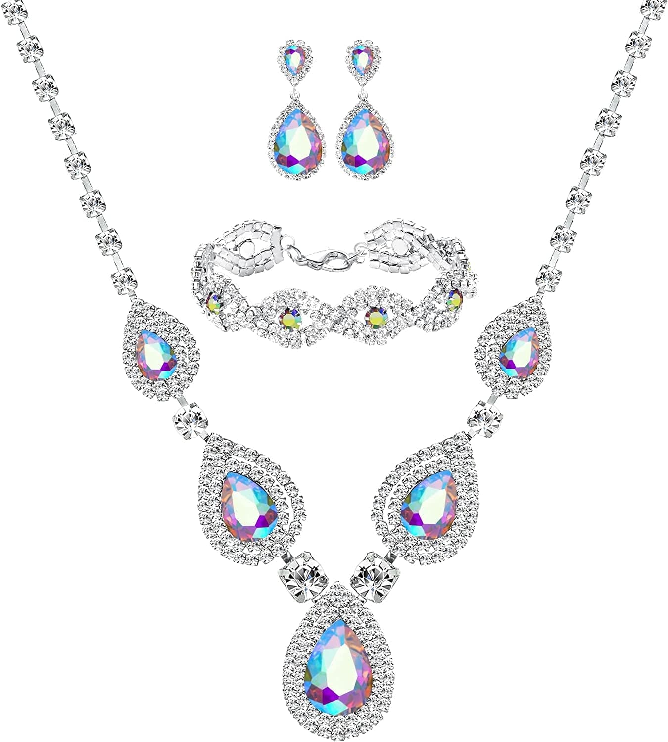 M MIRACULOUS GARDEN 3/4 Pieces Women Jewelry Set Rhinestone Tiara Crown Necklace Bangle Bracelet Crystal Teardrop Dangle Earrings and Rhinestone Handbag for Wedding Party Silver Plated AB Crystal Necklace Bracelet Earrings