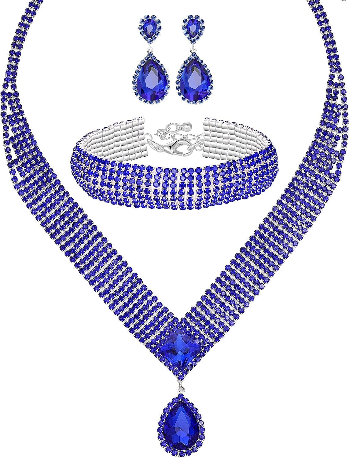 M MIRACULOUS GARDEN 3/4 Pieces Women Jewelry Set Rhinestone Tiara Crown Necklace Bangle Bracelet Crystal Teardrop Dangle Earrings and Rhinestone Handbag for Wedding Party Silver Plated Blue Crystal Necklace Bracelet Earrings