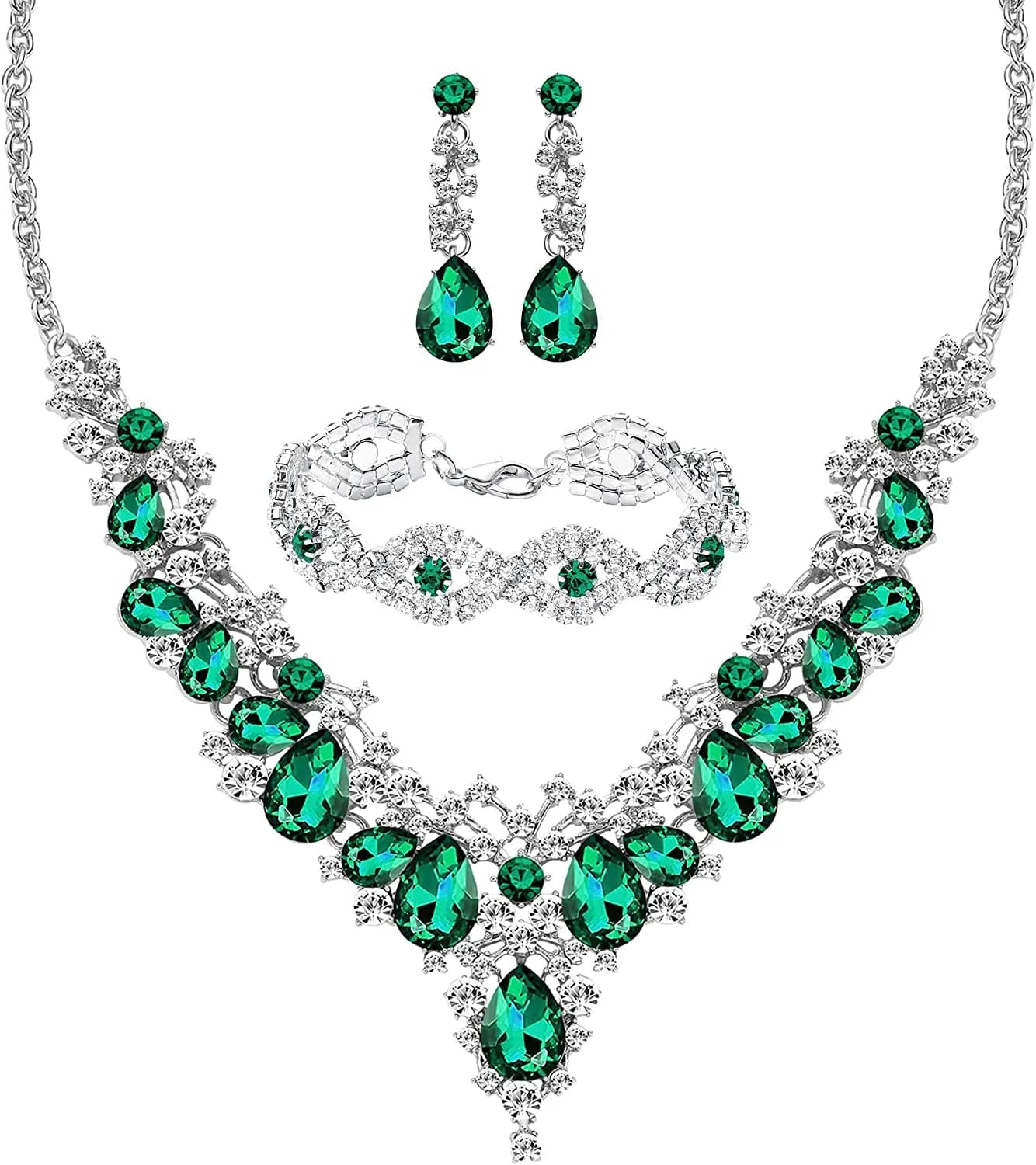 M MIRACULOUS GARDEN 3/4 Pieces Women Jewelry Set Rhinestone Tiara Crown Necklace Bangle Bracelet Crystal Teardrop Dangle Earrings and Rhinestone Handbag for Wedding Party Silver Plated White Rhinestone Green Crystal Necklace Bracelet Earrings