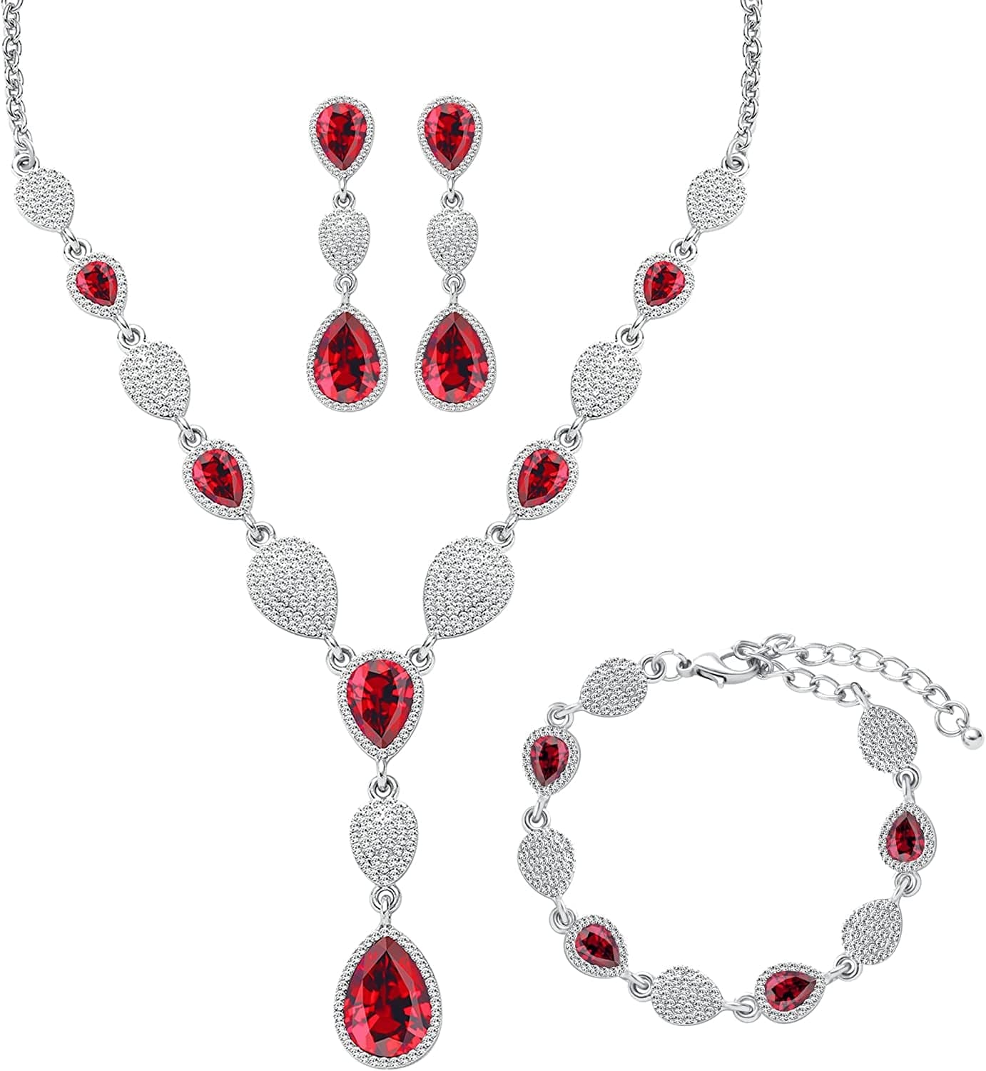 M MIRACULOUS GARDEN 3/4 Pieces Women Jewelry Set Rhinestone Tiara Crown Necklace Bangle Bracelet Crystal Teardrop Dangle Earrings and Rhinestone Handbag for Wedding Party A-Silver Plated White Rhinestone Red Crystal Necklace Bracelet Earrings