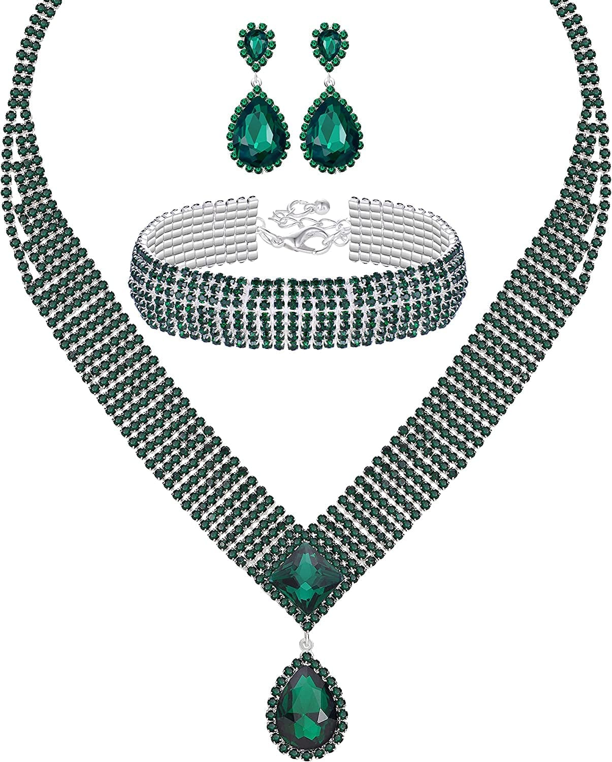 M MIRACULOUS GARDEN 3/4 Pieces Women Jewelry Set Rhinestone Tiara Crown Necklace Bangle Bracelet Crystal Teardrop Dangle Earrings and Rhinestone Handbag for Wedding Party Silver Plated Green Crystal Necklace Bracelet Earrings set