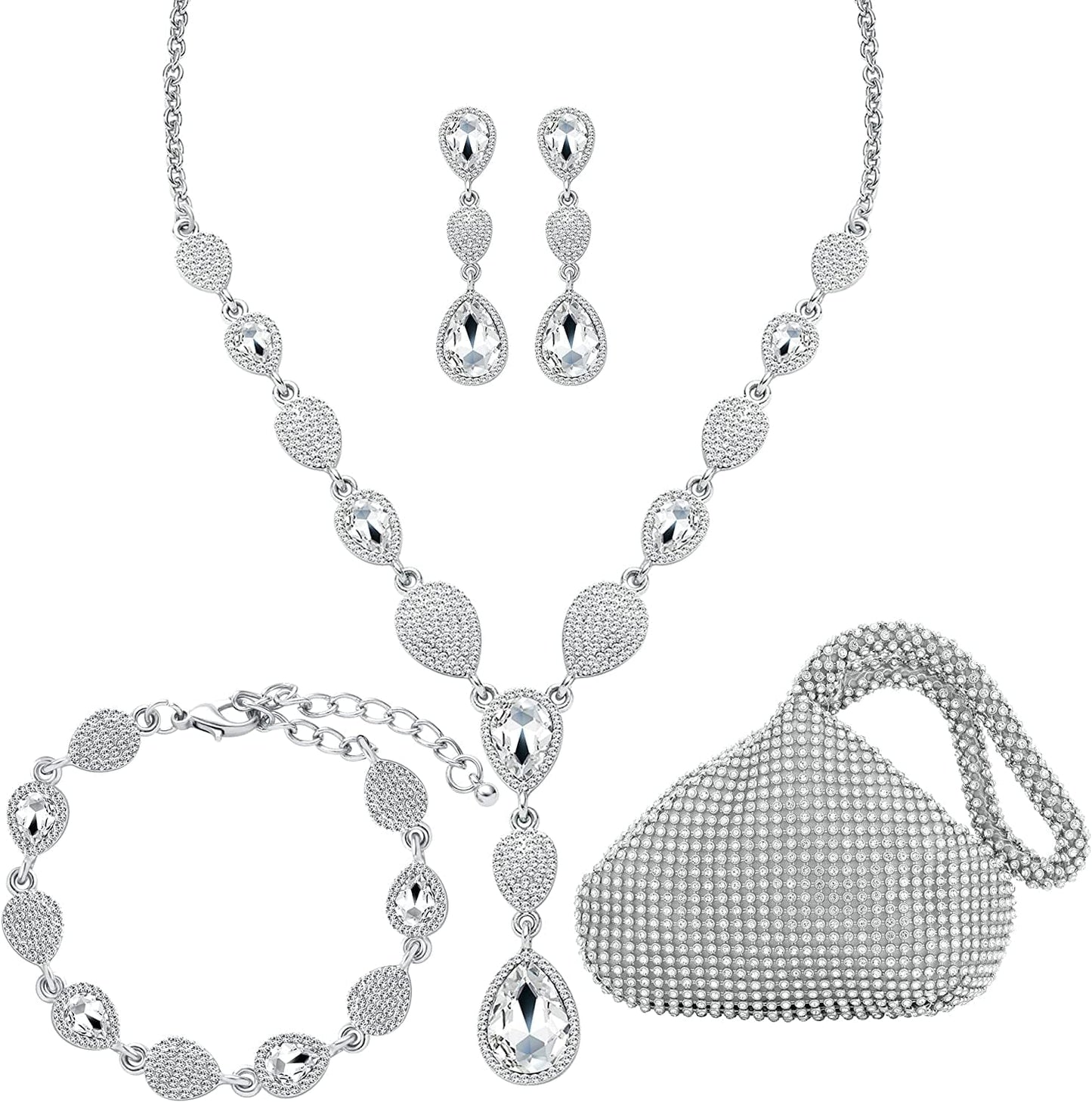 M MIRACULOUS GARDEN 3/4 Pieces Women Jewelry Set Rhinestone Tiara Crown Necklace Bangle Bracelet Crystal Teardrop Dangle Earrings and Rhinestone Handbag for Wedding Party A-Silver Plated White Rhinestone Crystal Necklace Bracelet Earrings Handbag