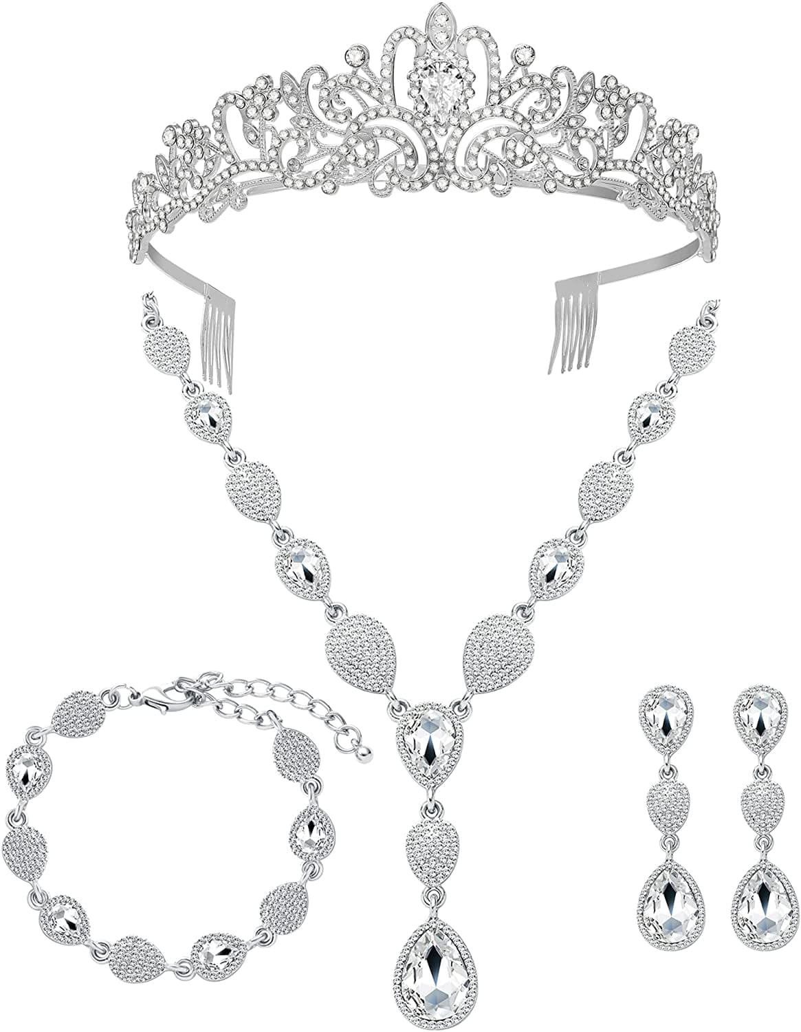 M MIRACULOUS GARDEN 3/4 Pieces Women Jewelry Set Rhinestone Tiara Crown Necklace Bangle Bracelet Crystal Teardrop Dangle Earrings and Rhinestone Handbag for Wedding Party A-Silver Plated White Rhinestone Crystal Necklace Tiara Crown Bracelet Earrings